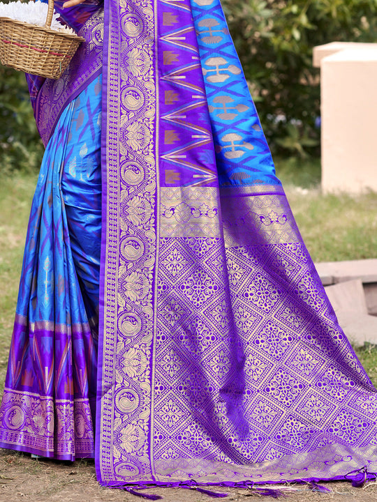 Sky blue Pochampalli Silk Saree With Blouse Piece