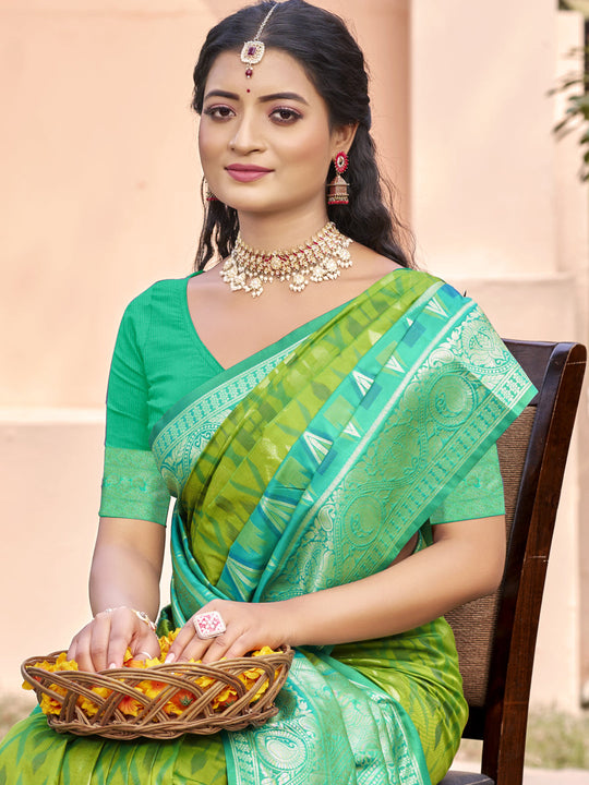 Rama Green Pochampalli Silk Saree With Blouse Piece