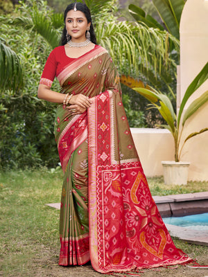 Mehndi Pochampalli Silk Saree With Blouse Piece