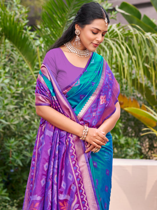 Rama Blue Pochampalli Silk Saree With Blouse Piece