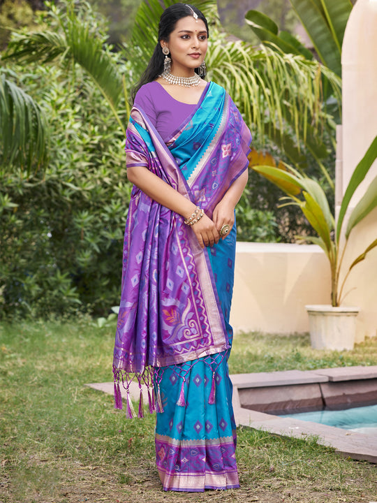 Rama Blue Pochampalli Silk Saree With Blouse Piece