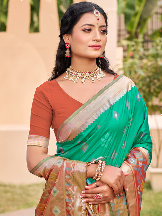 Rama Green Pochampalli Silk Saree With Blouse Piece