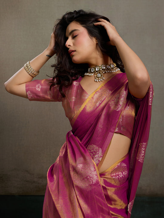 Magenta Tissue Silk Saree With Blouse Piece