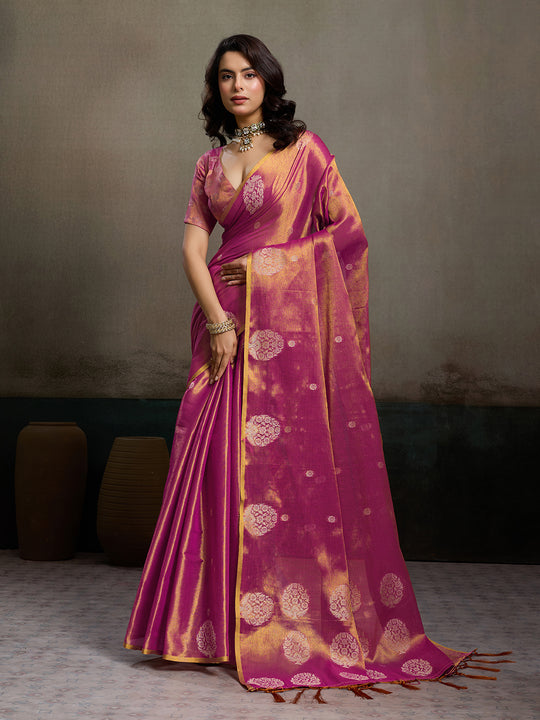Magenta Tissue Silk Saree With Blouse Piece