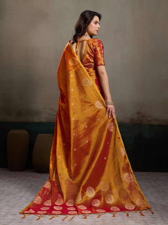 Orange Tissue Silk Saree With Blouse Piece