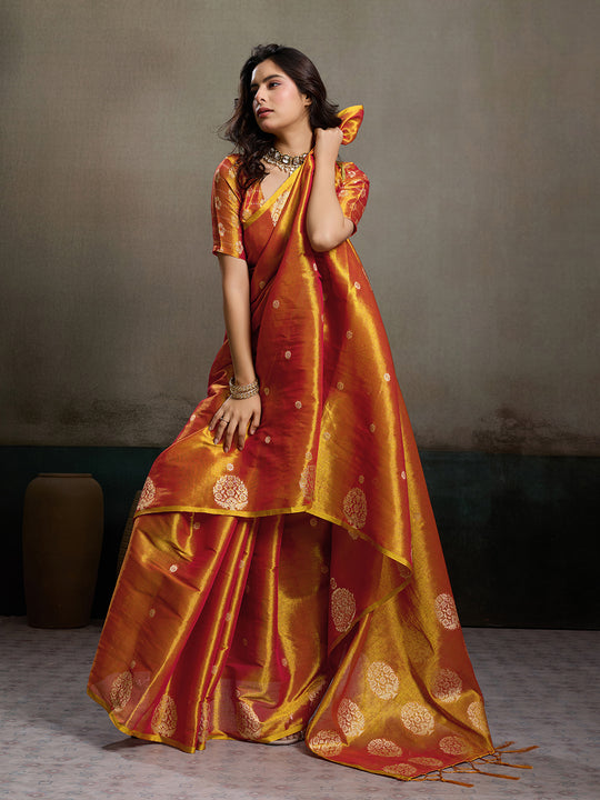 Orange Tissue Silk Saree With Blouse Piece