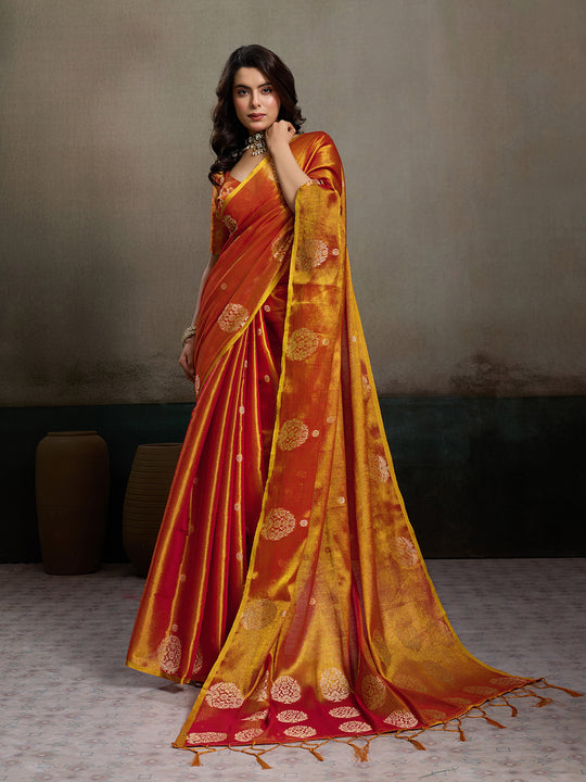 Orange Tissue Silk Saree With Blouse Piece
