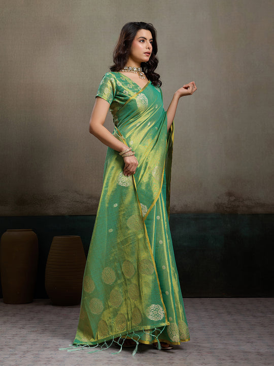 Green Tissue Silk Saree With Blouse Piece