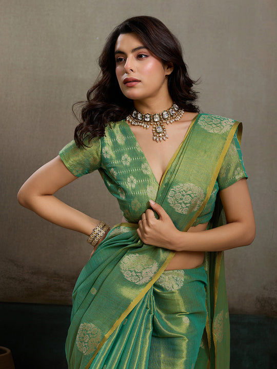 Green Tissue Silk Saree With Blouse Piece