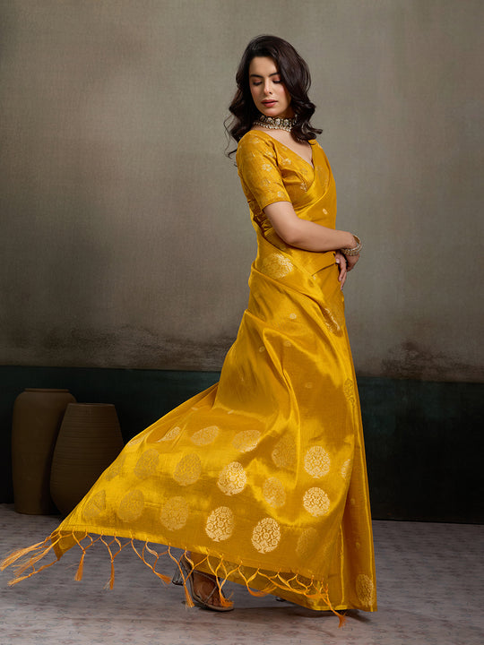 Mustard Yellow Tissue Silk Saree With Blouse Piece