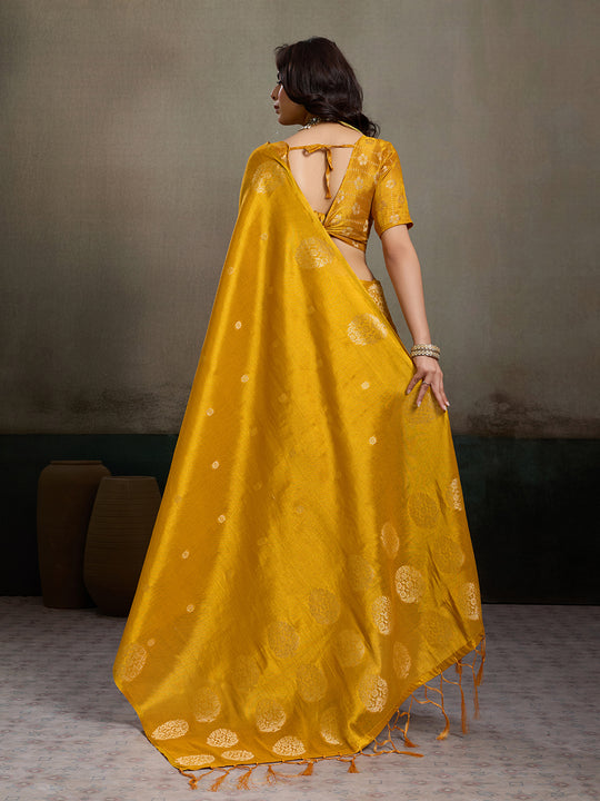Mustard Yellow Tissue Silk Saree With Blouse Piece
