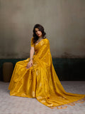 Mustard Yellow Tissue Silk Saree With Blouse Piece
