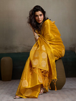 Mustard Yellow Tissue Silk Saree With Blouse Piece