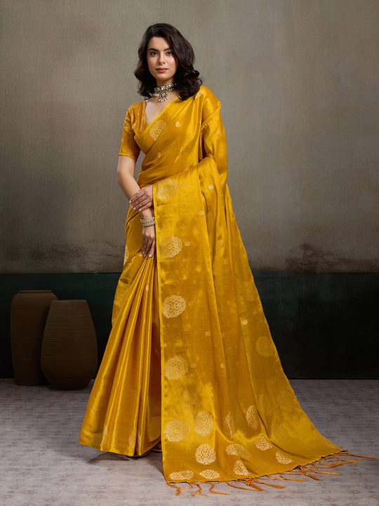 Mustard Yellow Tissue Silk Saree With Blouse Piece