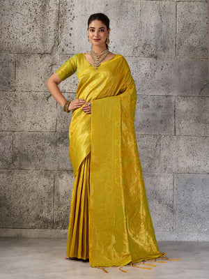 Mustard Yellow Kanjivaram Silk Blend Saree With Blouse Piece
