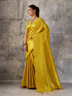 Mustard Yellow Kanjivaram Silk Blend Saree With Blouse Piece