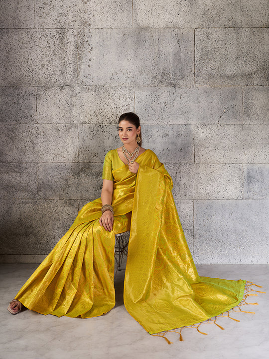 Mustard Yellow Kanjivaram Silk Blend Saree With Blouse Piece