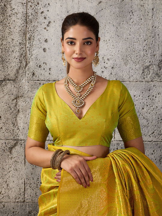 Mustard Yellow Kanjivaram Silk Blend Saree With Blouse Piece