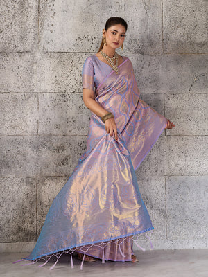 Lavender Kanjivaram Silk Blend Saree With Blouse Piece