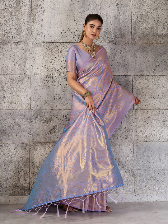 Lavender Kanjivaram Silk Blend Saree With Blouse Piece