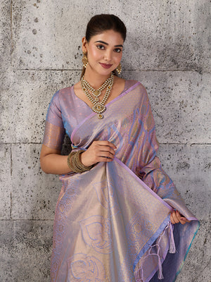 Lavender Kanjivaram Silk Blend Saree With Blouse Piece