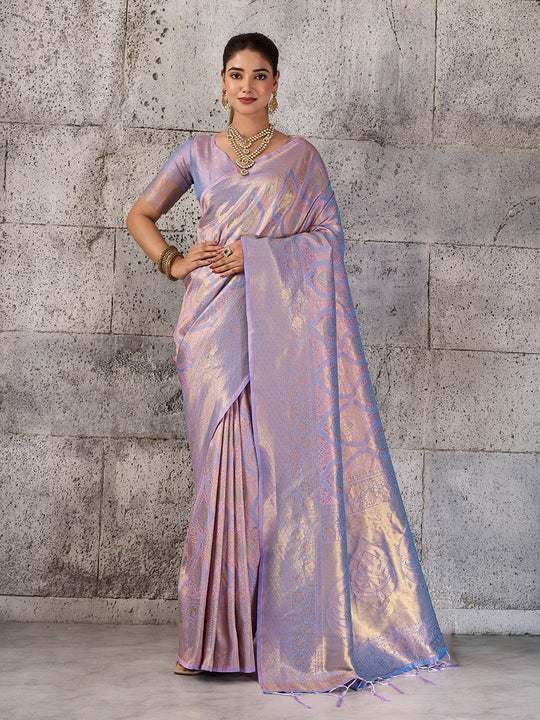 Lavender Kanjivaram Silk Blend Saree With Blouse Piece