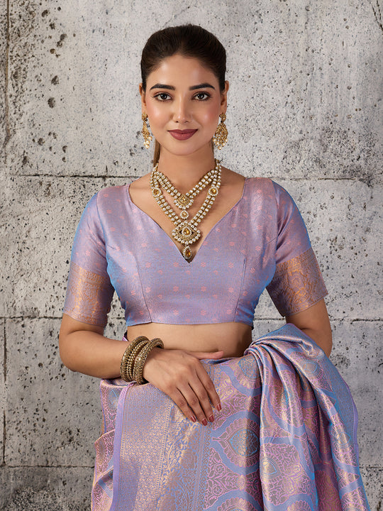 Lavender Kanjivaram Silk Blend Saree With Blouse Piece