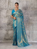 Teal Blue Kanjivaram Silk Blend Saree With Blouse Piece