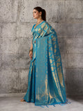 Teal Blue Kanjivaram Silk Blend Saree With Blouse Piece