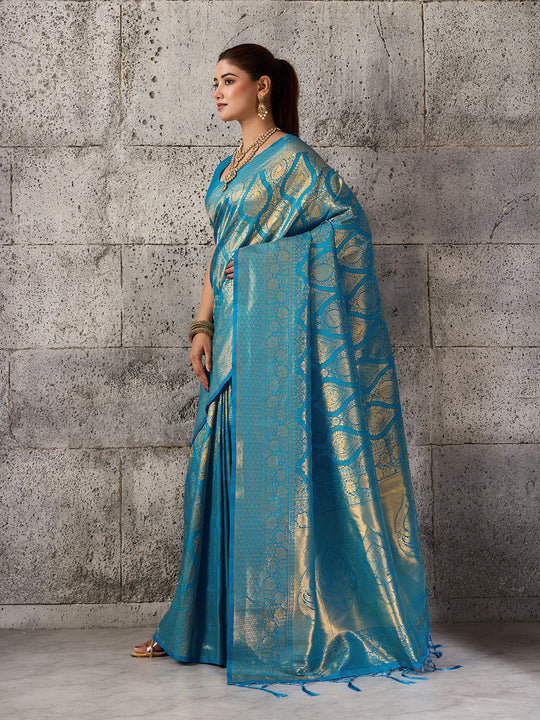 Teal Blue Kanjivaram Silk Blend Saree With Blouse Piece