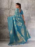 Teal Blue Kanjivaram Silk Blend Saree With Blouse Piece