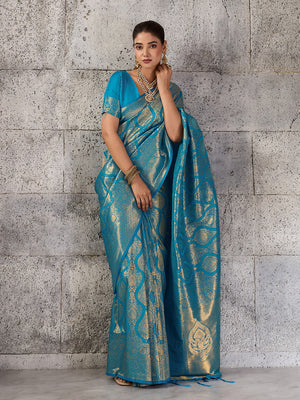 Teal Blue Kanjivaram Silk Blend Saree With Blouse Piece
