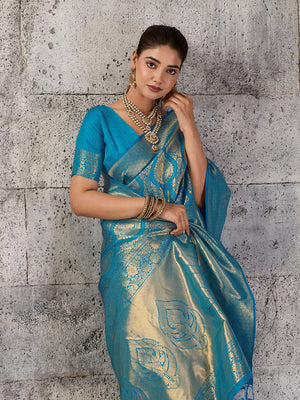 Teal Blue Kanjivaram Silk Blend Saree With Blouse Piece