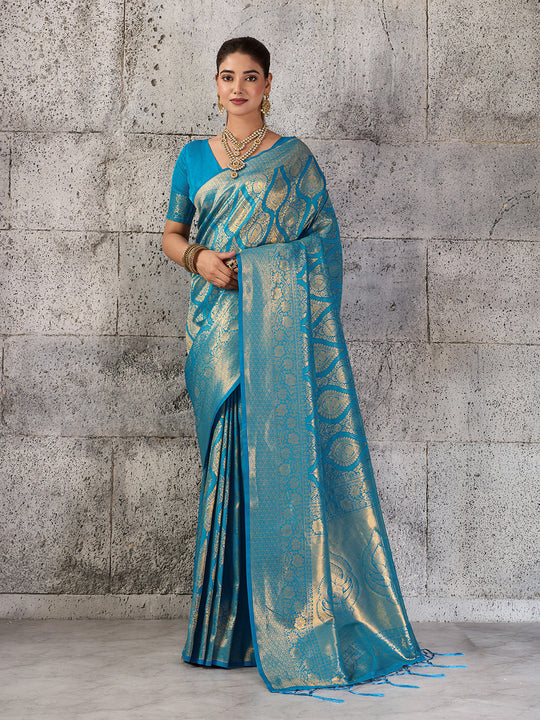 Teal Blue Kanjivaram Silk Blend Saree With Blouse Piece