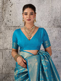 Teal Blue Kanjivaram Silk Blend Saree With Blouse Piece