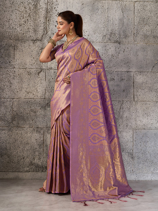 Light Purple Kanjivaram Silk Blend Saree With Blouse Piece