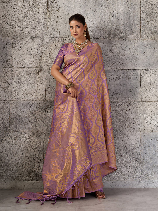 Light Purple Kanjivaram Silk Blend Saree With Blouse Piece