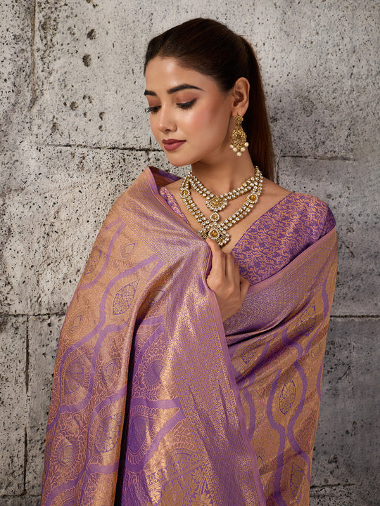 Light Purple Kanjivaram Silk Blend Saree With Blouse Piece