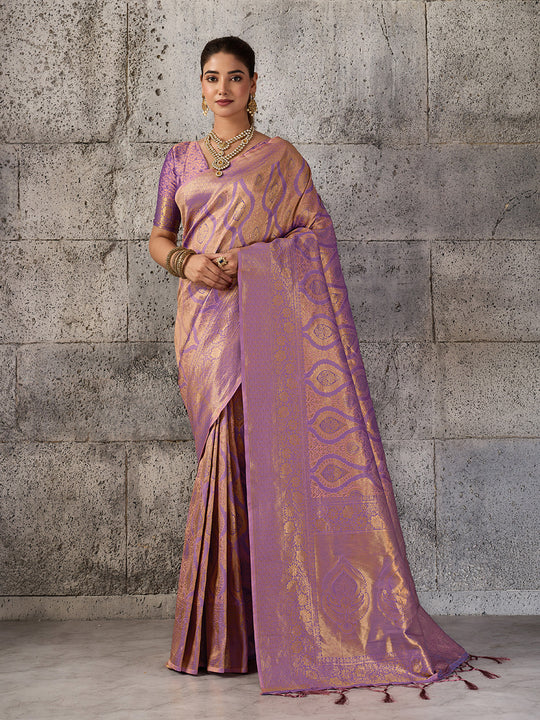 Light Purple Kanjivaram Silk Blend Saree With Blouse Piece