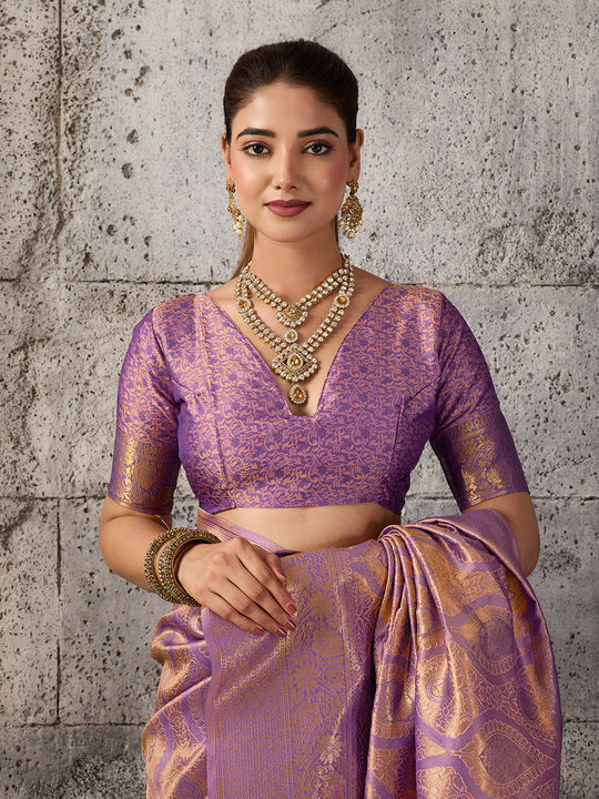 Light Purple Kanjivaram Silk Blend Saree With Blouse Piece