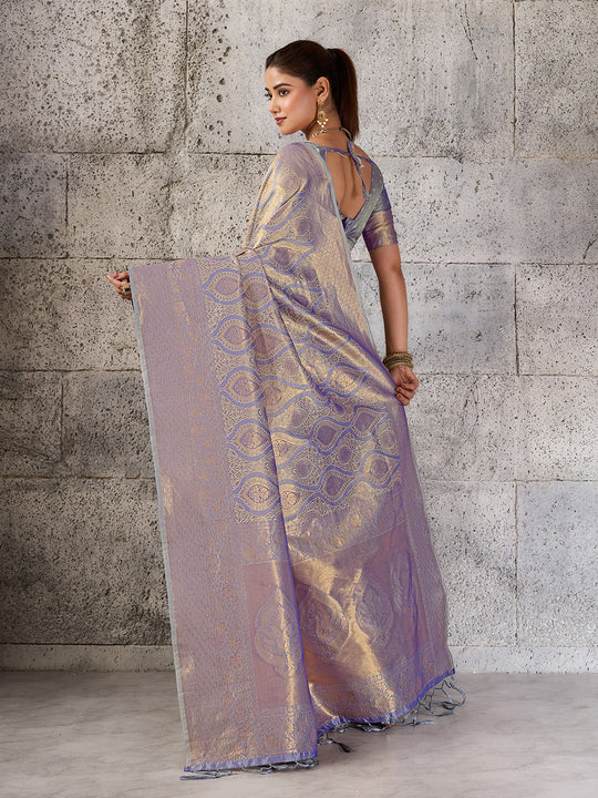Gray Kanjivaram Silk Blend Saree With Blouse Piece