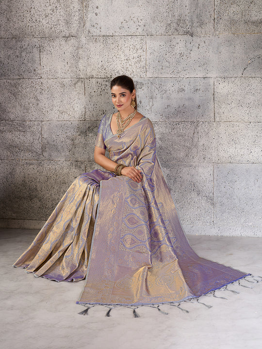Gray Kanjivaram Silk Blend Saree With Blouse Piece