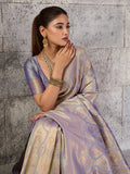 Gray Kanjivaram Silk Blend Saree With Blouse Piece