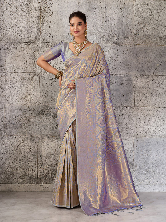 Gray Kanjivaram Silk Blend Saree With Blouse Piece