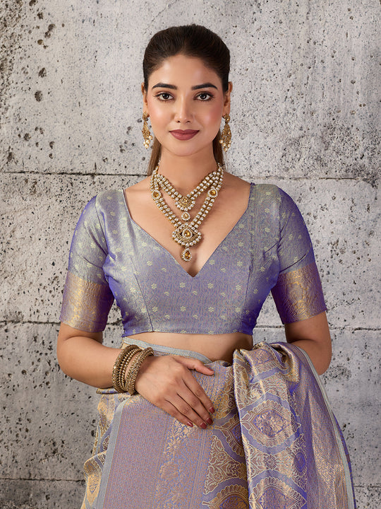 Gray Kanjivaram Silk Blend Saree With Blouse Piece