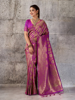 Magenta Kanjivaram Silk Blend Saree With Blouse Piece