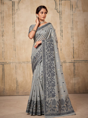 Gray Cotton Saree With Blouse Piece