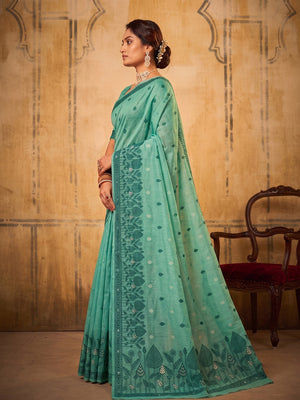 Sea Green Cotton Saree With Blouse Piece