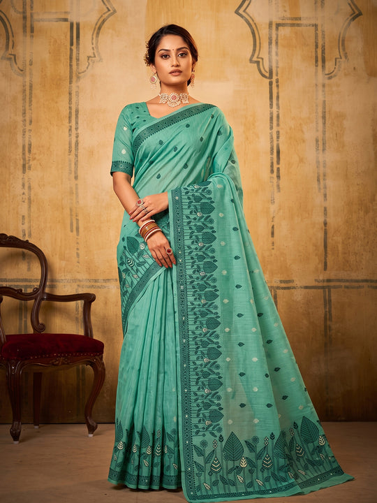 Sea Green Cotton Saree With Blouse Piece