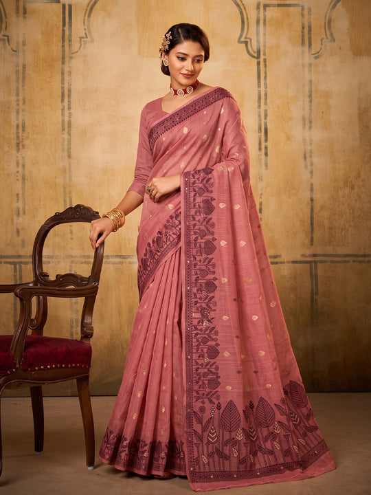 Light Pink Cotton Saree With Blouse Piece